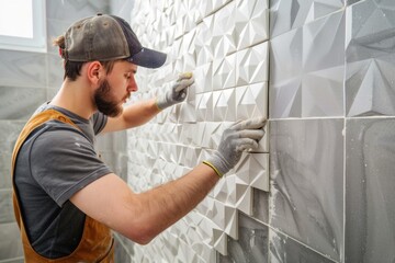 A man wearing a hat and gloves painting a wall. Suitable for home renovation projects