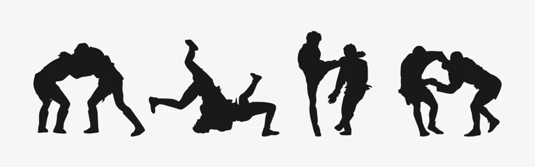 Sambo vector set silhouettes on white background. Different action, pose. Martial arts, combat sambo, sport. Graphic illustration.