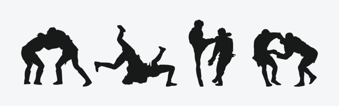Sambo vector set silhouettes on white background. Different action, pose. Martial arts, combat sambo, sport. Graphic illustration.