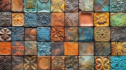 Handmade clay tiles adorned with diverse patterns and colors Suitable for craft art and design backgrounds Ample text space available