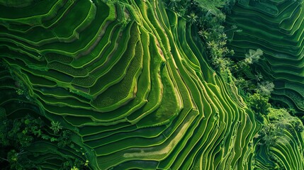 Aerial view of Tegalalang Bali rice terraces. Abstract geometric shapes of agricultural parcels in green color. Drone photo directly above field.  - Powered by Adobe