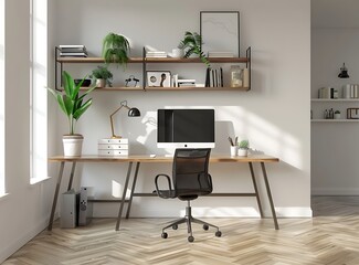 Modern home office interior with computer, desk and chair near white wall with shelves on it stock photo contest winner at cgpop, office furniture, table decor