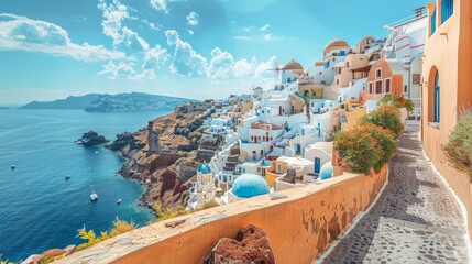 Cityscape of the village of Oia in the Santorini Island, Greece. Santorini is an ancient volcano...