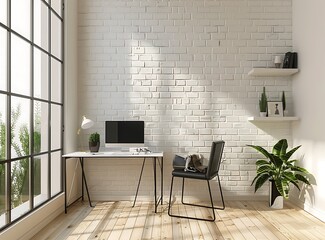 Modern home office interior with a white brick wall, a black desk and chair near a window with natural light, an aesthetic table setup for work or study