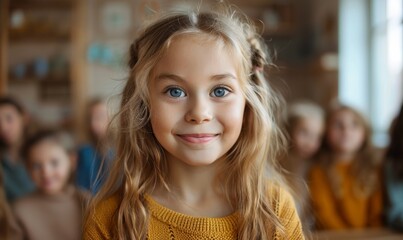 Fototapeta premium Happy little girl looking at the camera in an art and drawing class