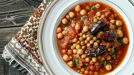 Authentic african chickpea stew garnished with herbs and spices in a white bowl, served alongside a decorative ethnic fabric