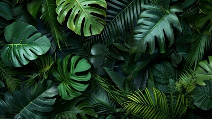 Group background of dark green tropical leaves ( monstera, palm, coconut leaf, fern, palm leaf,bananaleaf) Panorama background. concept of nature 