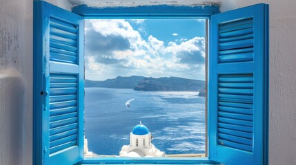 Hillside view through an open window with blue shutters of the blue dome church, caldera, sea and white village of Oia on the island of Santorini, Greece. 