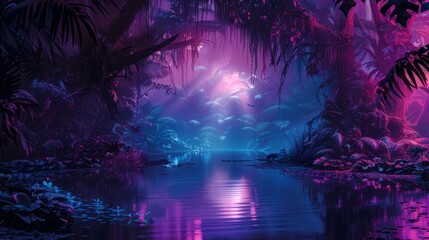 A purple forest with a river running through it