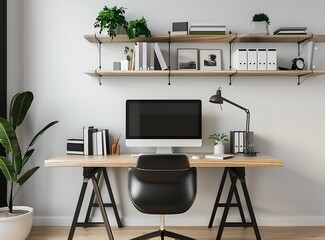 Modern home office interior with computer, chair and shelves on white wall stock photo contest winner at lightstock, simple background, black desk, minimalistic style, office space decor