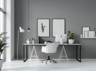 Modern home office interior with a grey desk, white chairs and decor on the wall