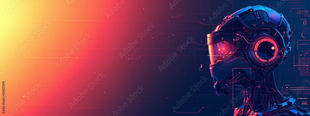 Poster a robot head with a red background. the robot is wearing a helmet and has a pair of headphones. tech