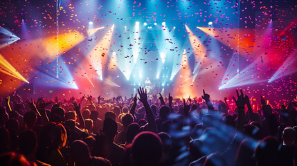 Fototapeta na wymiar A lively crowd of music enthusiasts gathers in front of a colorful stage, illuminated by vibrant lights. Confetti fills the air as the audience enjoys the electrifying atmosphere of the concert