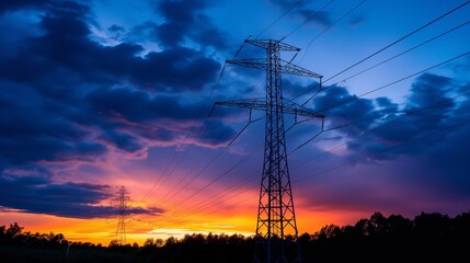 Silhouette of electrical power lines and tower against a dramatic red sky during sunset. - Powered by Adobe