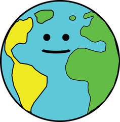 Planet Earth drawing with cute cartoon face. Nature and ecology vector clip art illustration.