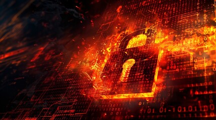 Digital lock with binary code and flames.