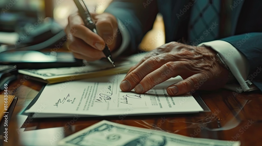 Poster a man is signing a document with a pen. the document is on a table and there are several bills and a