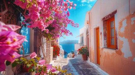 Santorini, Greece. Picturesq view of traditional cycladic Santorini houses on small street with...