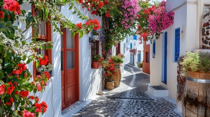 Fototapeta na wymiar Santorini, Greece. Picturesq view of traditional cycladic Santorini houses on small street with flowers in foreground. 