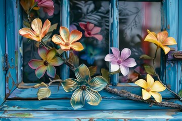 Colorful faux flowers displayed against a weathered blue wooden window, exuding rustic charm