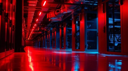 A critical situation in a tech facility with red warning lights and emergency responses