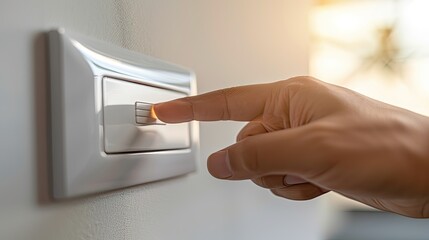 A person is pressing a light switch. The switch is white and has a red button. The person is wearing a black shirt