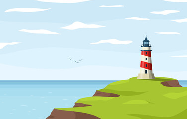 Lighthouse nautical tower on seashore. Sea coast or ocean beach rocks and lighthouse building. Coastline landscape with beacon. Hope symbol, expectation, solitude concept. Vector illustration