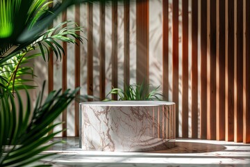 Luxurious stonemarble pedestal basks in foliage gobo sunlight. Wooden rod backdrop adds depth and elegance. Ideal for premium product showcases and sophisticated designs - Generative Ai
