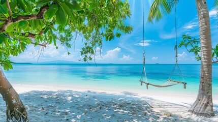 Tropical beach background as summer relax landscape with beach swing or hammock and white sand and calm sea for beach template. Amazing beach scene vacation and summer holiday concept. 
