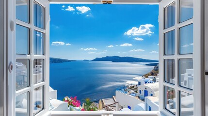 View through an open window of the Aegean Sea, caldera and town of Oia and Thira on the island of...
