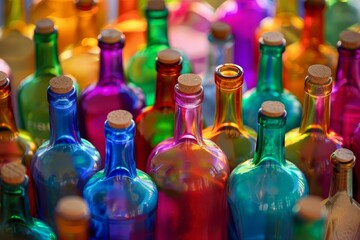 Closeup of an assortment of multicolored glass bottles with corks, illuminated by light