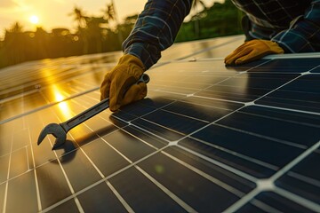 A man is fixing a solar panel with a wrench. Concept of hard work and dedication to the task at hand