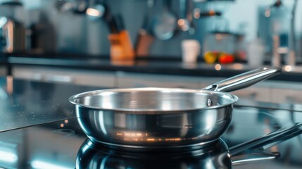Stainless steel pan on the stove cooking in the kitchen