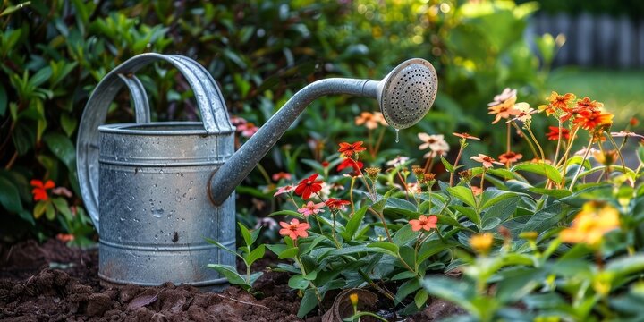 A metal watering can sits on the rich soil next to a garden of colorful flowers. qTr@ m ttsqT mn bryq lry lm`dny `l~ zhr@ brtqly@ llwn fy lHdyq@.