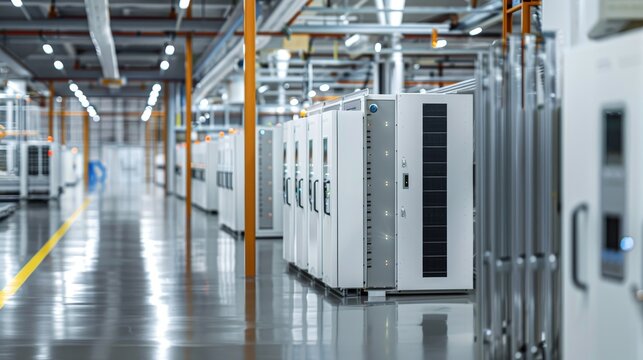A of solid state batteries in a clean energy factory, focusing on sustainability