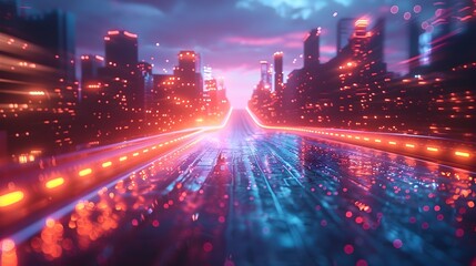 Fototapeta premium Pulsating Waves of Futuristic Neon Energy Across Cityscape