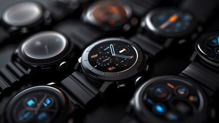 A smartwatch displaying different watch faces on a sleek black background