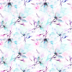 Floral seamless pattern with pink and blue watercolor flowers. Vintage floral fabric pattern. Endless floral background.