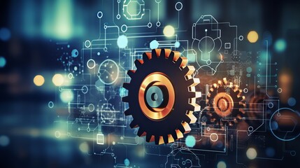 Business process automation concept: gears and icons on abstract digital background illustrating efficiency and innovation.

