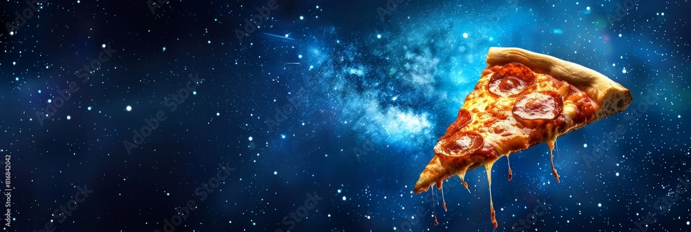 Poster a slice of pepperoni pizza is floating in space. the pizza is surrounded by stars and the background