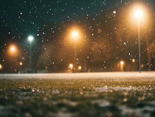 Snowflakes gently falling on a grassy field illuminated by warm streetlights at night, creating a serene and magical winter atmosphere - Powered by Adobe