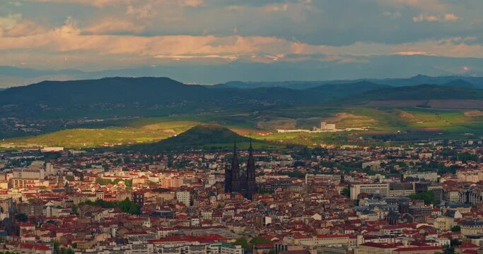 Aerial view Clermont-Ferrand church in the old city center, France. Timelapse