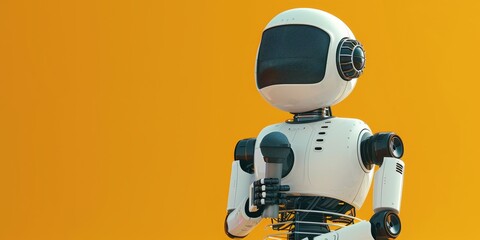 3d rendering of a cute robot holding a microphone on a yellow background