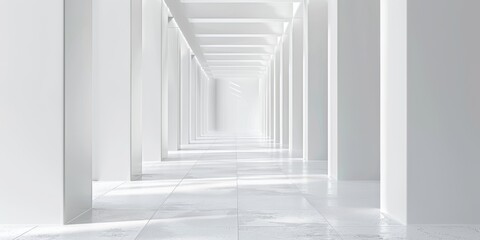 3D rendering. Futuristic empty white long corridor with bright light at the end.