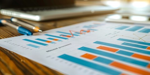 A bar graph on a desk with a laptop in the background.
