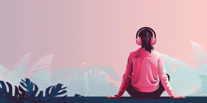 A girl with headphones is sitting on a wall and looking at the city