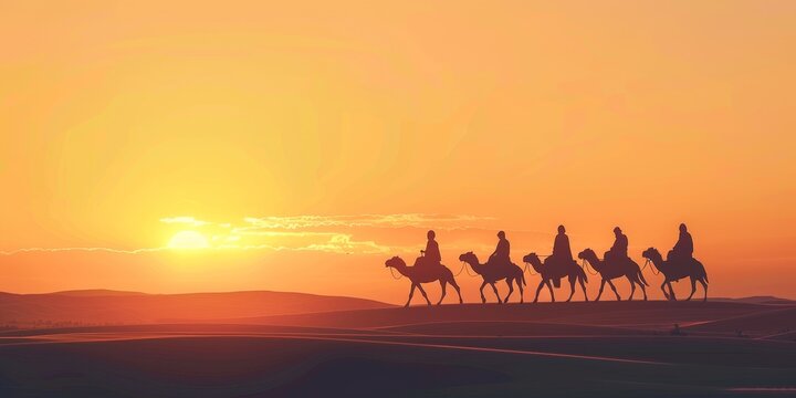 A group of people riding camels in the desert at sunset.