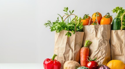 Various fruits and vegetables in paper bags