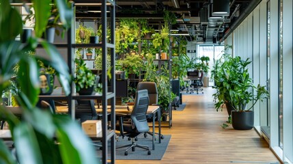 Financial consultancy office with a focus on sustainability, decorated with airpurifying plants and offering clients herbal teas