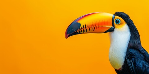 Obraz premium A toucan with a large, colorful beak is looking at the camera. The background is a bright, solid color.